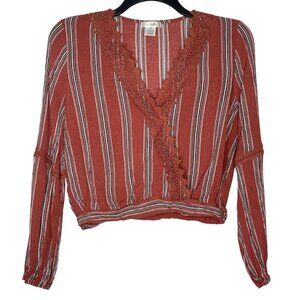 LA Gypsy Boho Peasant Blouse Size Medium Striped V-Neck Faux Wrap Long Sleeves